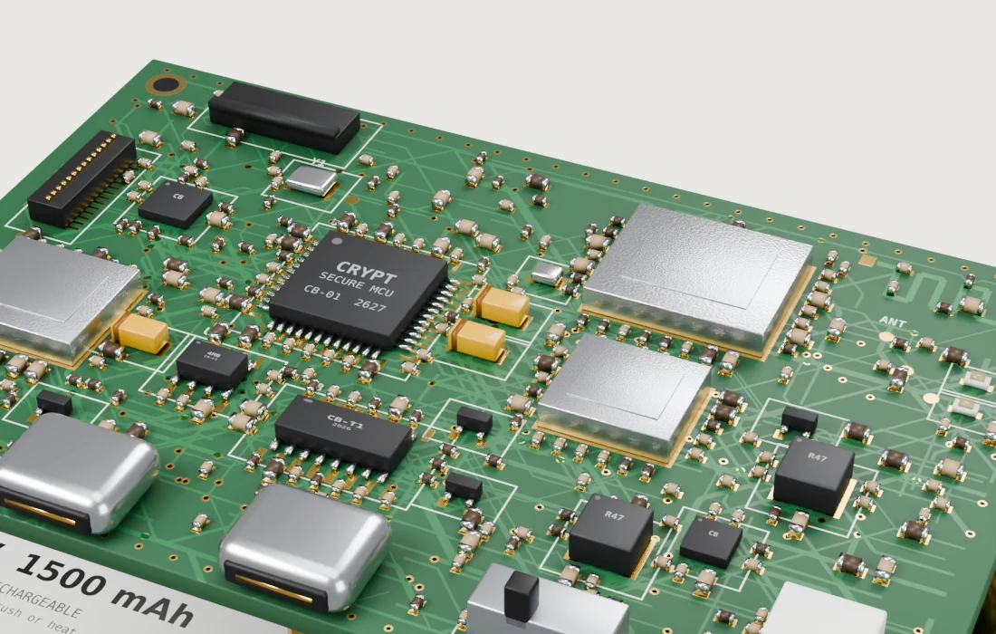 Close-up of the main board: the secure microcontroller, shielded radio, power parts and USB-C ports.