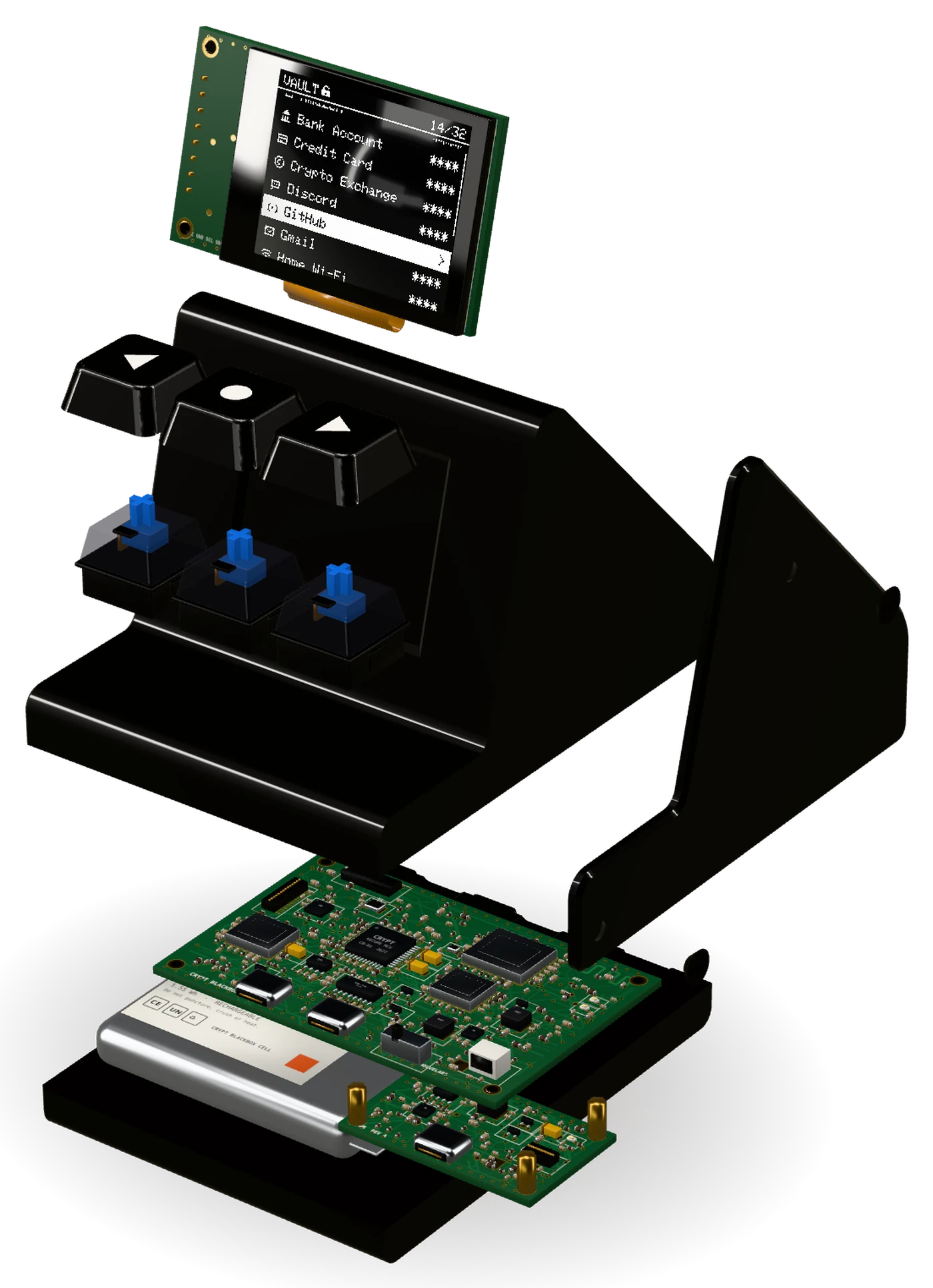 Crypt BlackBox taken apart: the colour display on its board, the keycaps over three tactile switches, the glossy shell, side lid and base, the main and power boards, and the 1500 mAh battery.