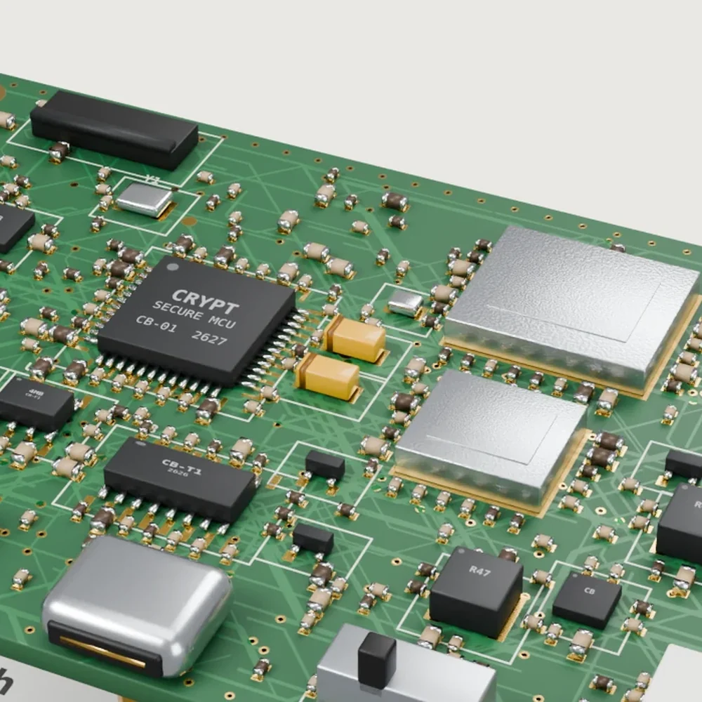 Close-up of the main board and its secure microcontroller