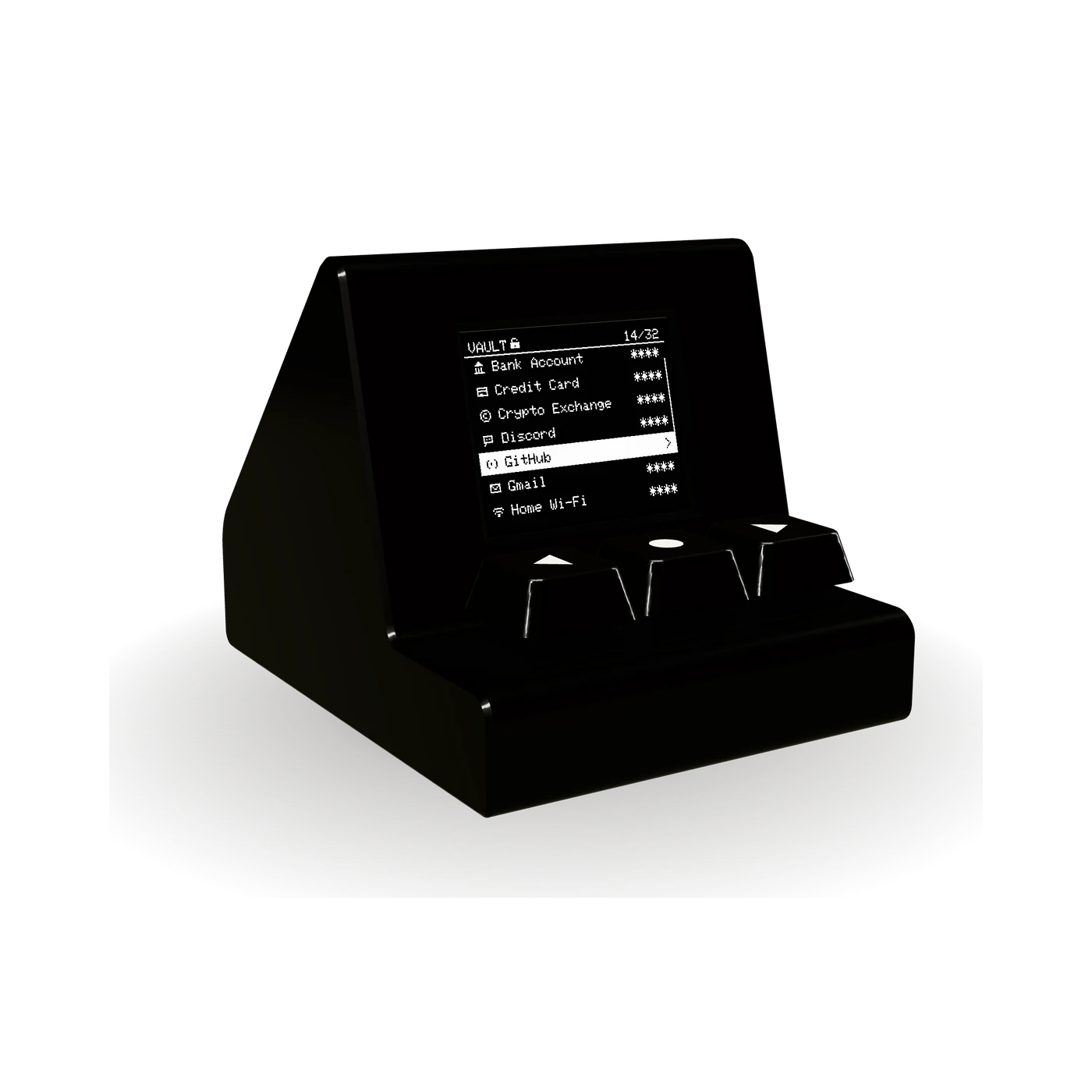 Crypt BlackBox from the front, showing the vault list on its screen