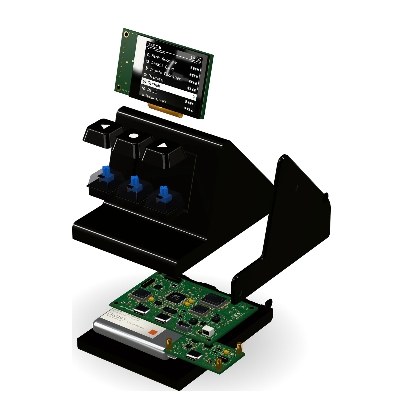 Crypt BlackBox taken apart: display, switches, case, boards and battery